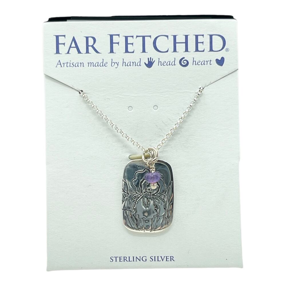 Far Fetched Amethyst Iris Flower Quote Pendant Necklace 925 Sterling Silver - Picture 4 of 4